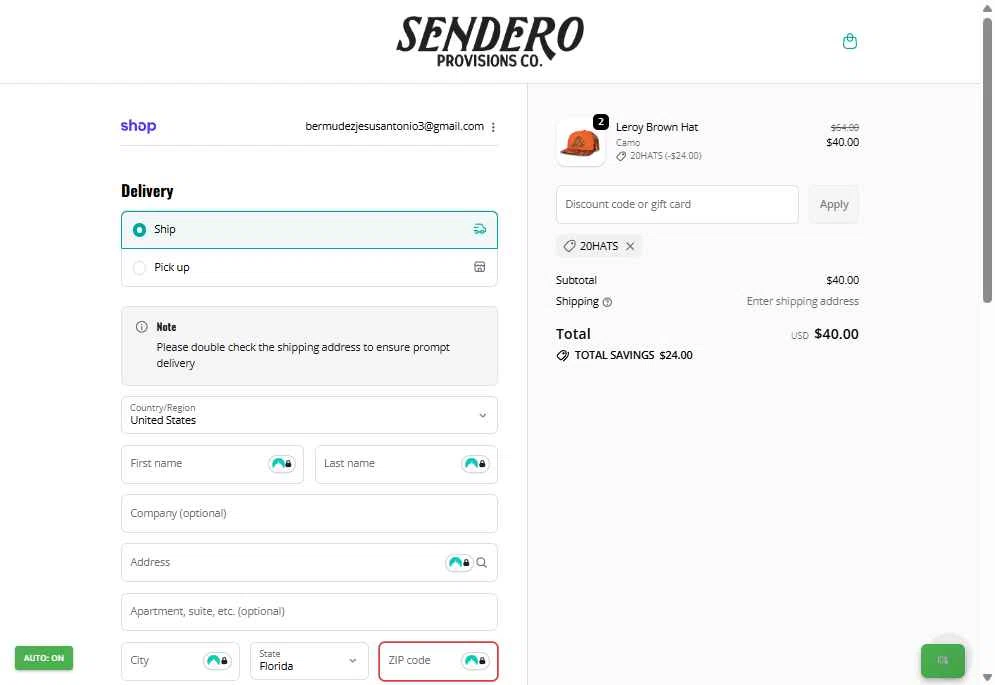 Sendero Provisions Co. checkout page showing Sendero Provisions Co. promo code box | Screenshot taken by SimplyCodes community member on Nov 13, 2025
