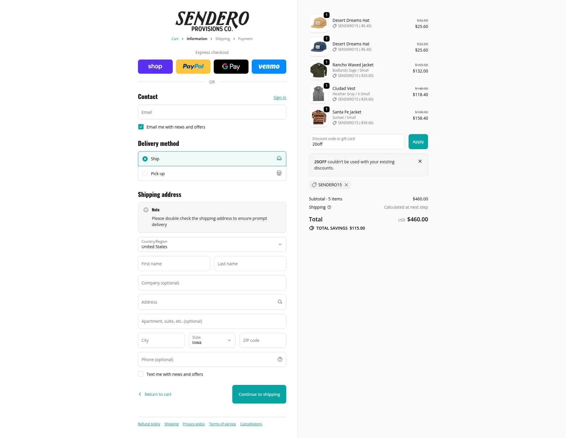 Sendero Provisions Co. checkout page showing Sendero Provisions Co. promo code box | Screenshot taken by SimplyCodes community member on Oct 1, 2025