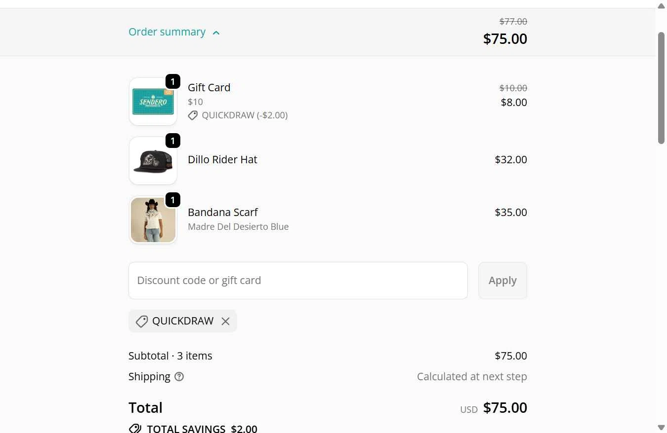 Sendero Provisions Co. checkout page showing Sendero Provisions Co. promo code box | Screenshot taken by SimplyCodes community member on Dec 23, 2025