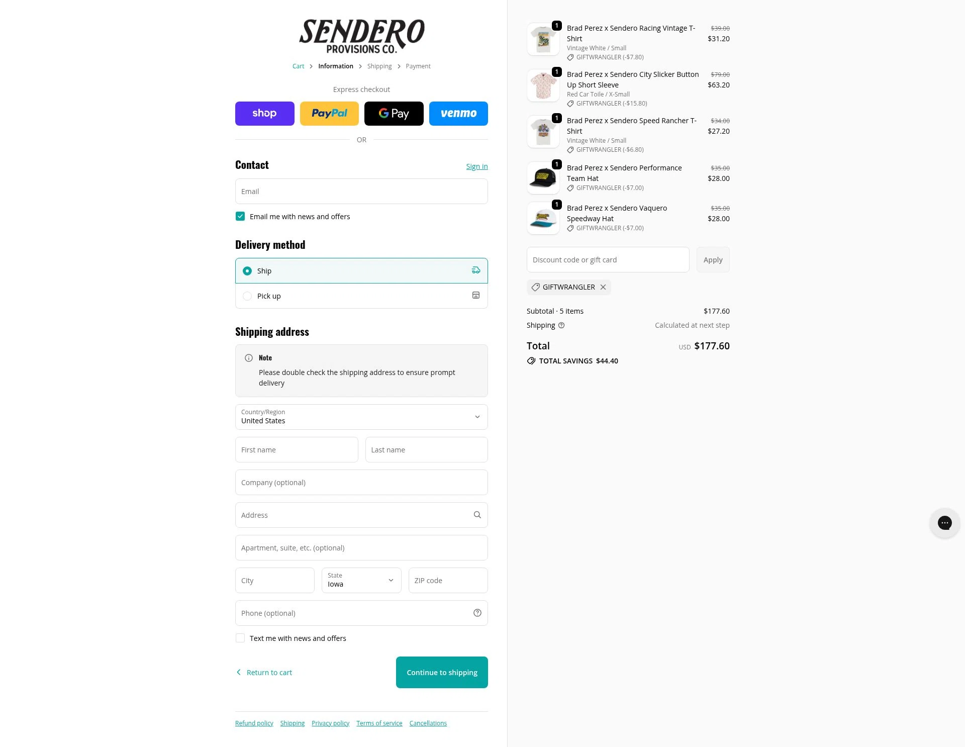 Sendero Provisions Co. checkout page showing Sendero Provisions Co. promo code box | Screenshot taken by SimplyCodes community member on Dec 8, 2025