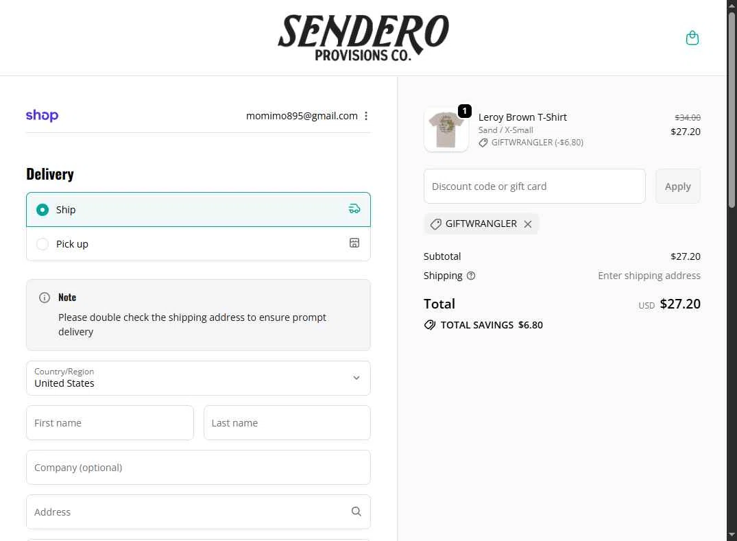 Sendero Provisions Co. checkout page showing Sendero Provisions Co. promo code box | Screenshot taken by SimplyCodes community member on Dec 6, 2025