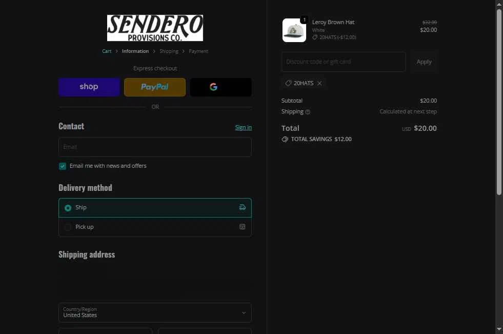 Sendero Provisions Co. checkout page showing Sendero Provisions Co. promo code box | Screenshot taken by SimplyCodes community member on Nov 13, 2025