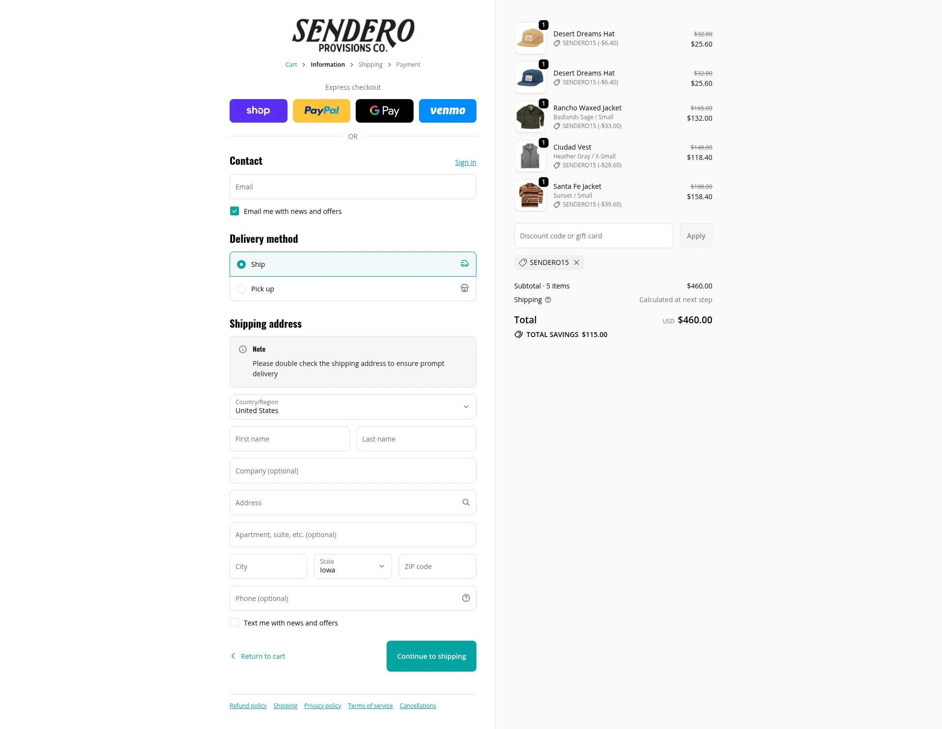Sendero Provisions Co. checkout page showing Sendero Provisions Co. promo code box | Screenshot taken by SimplyCodes community member on Oct 1, 2025