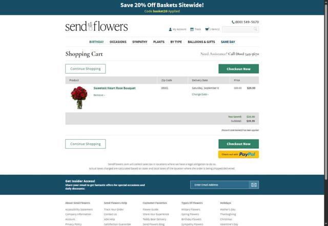SendFlowers.com checkout page showing SendFlowers.com promo code box | Screenshot taken by SimplyCodes community member on Sep 5, 2025