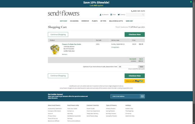 SendFlowers.com checkout page showing SendFlowers.com promo code box | Screenshot taken by SimplyCodes community member on Sep 5, 2025