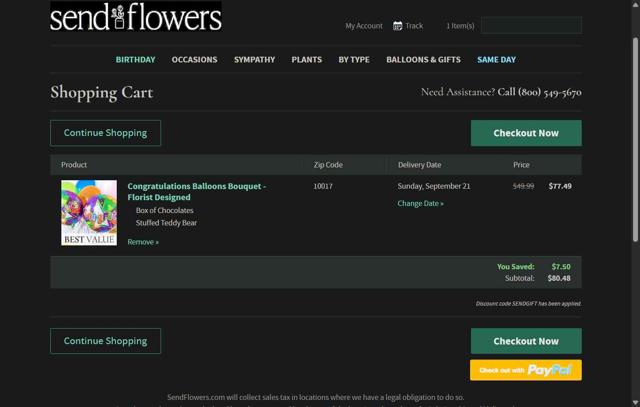 SendFlowers.com checkout page showing SendFlowers.com promo code box | Screenshot taken by SimplyCodes community member on Sep 5, 2025