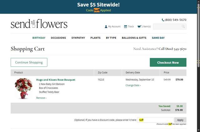 SendFlowers.com checkout page showing SendFlowers.com promo code box | Screenshot taken by SimplyCodes community member on Sep 5, 2025