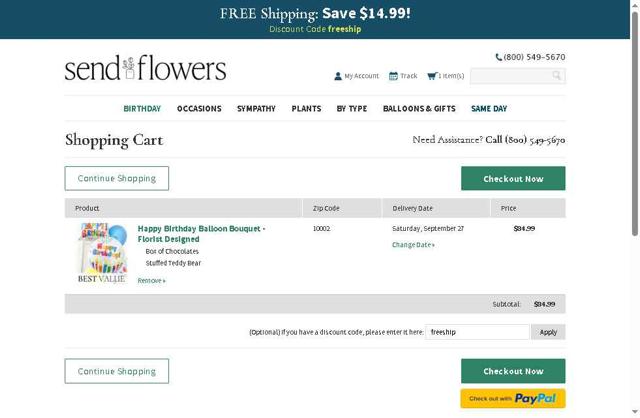 SendFlowers.com checkout page showing SendFlowers.com promo code box | Screenshot taken by SimplyCodes community member on Sep 5, 2025