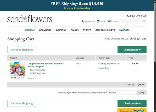 SendFlowers.com checkout page showing SendFlowers.com promo code box | Screenshot taken by SimplyCodes community member on Sep 5, 2025
