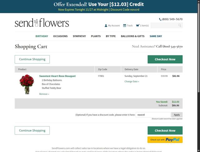 SendFlowers.com checkout page showing SendFlowers.com promo code box | Screenshot taken by SimplyCodes community member on Sep 5, 2025