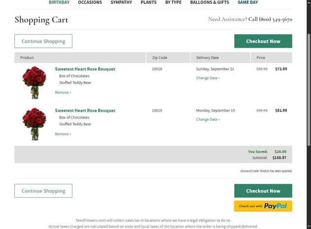 SendFlowers.com checkout page showing SendFlowers.com promo code box | Screenshot taken by SimplyCodes community member on Sep 5, 2025