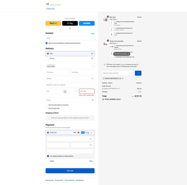 SeneGence checkout page showing SeneGence promo code box | Screenshot taken by SimplyCodes community member on Aug 28, 2025