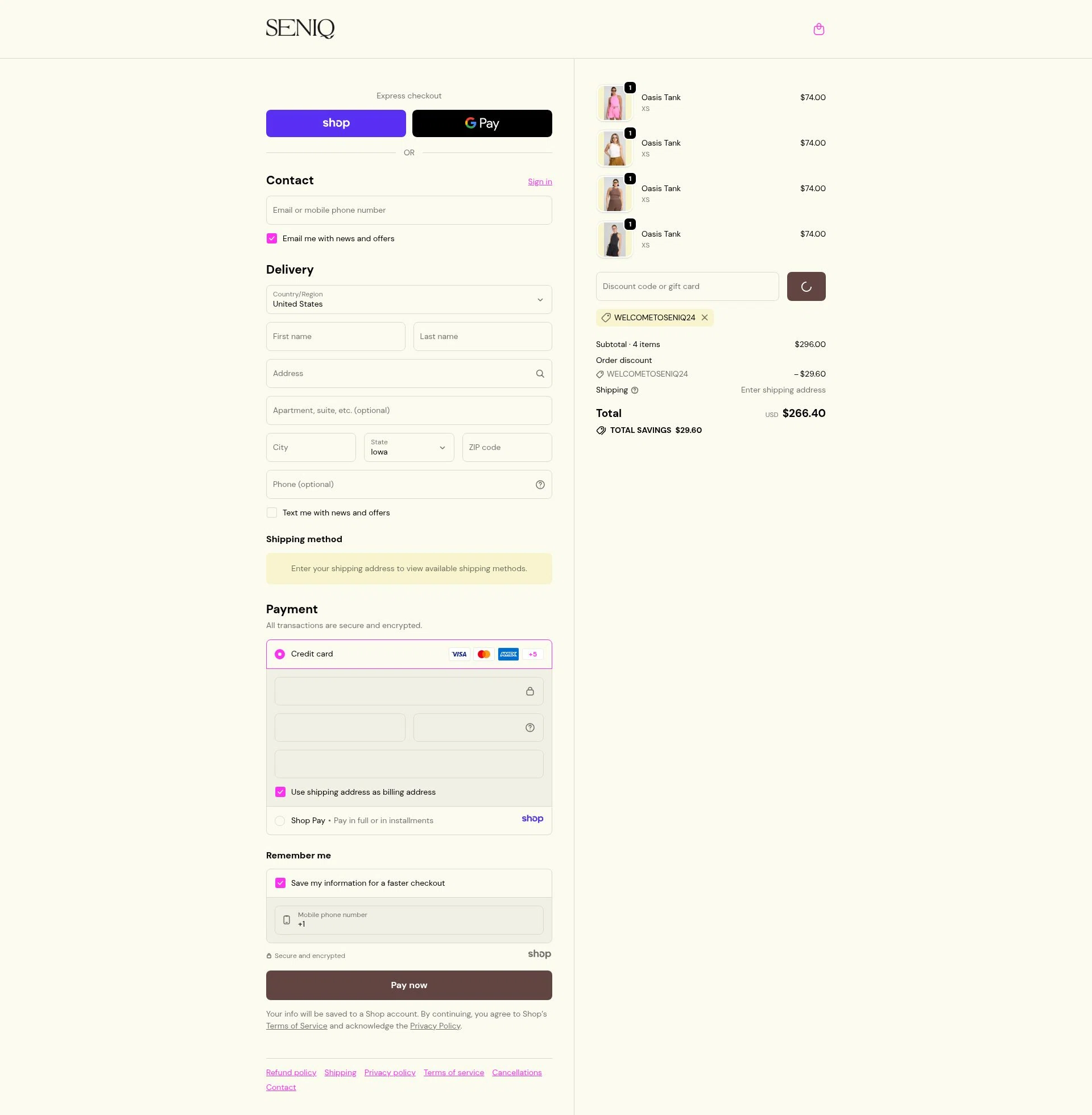 SENIQ checkout page showing SENIQ promo code box | Screenshot taken by SimplyCodes community member on Dec 29, 2025