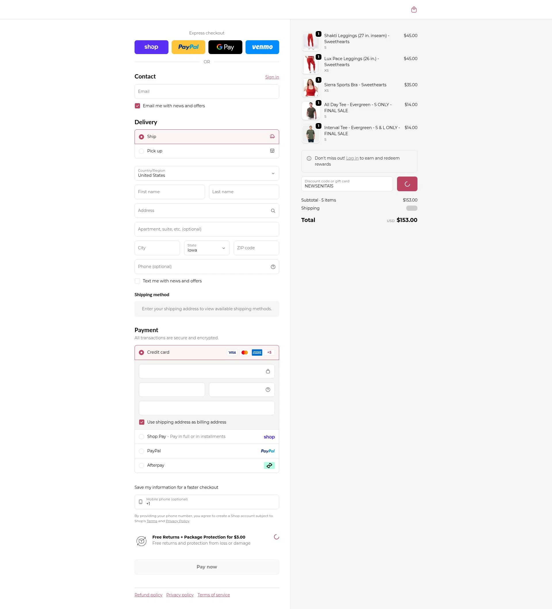 Senita Athletics checkout page showing Senita Athletics promo code box | Screenshot taken by SimplyCodes community member on Feb 19, 2026