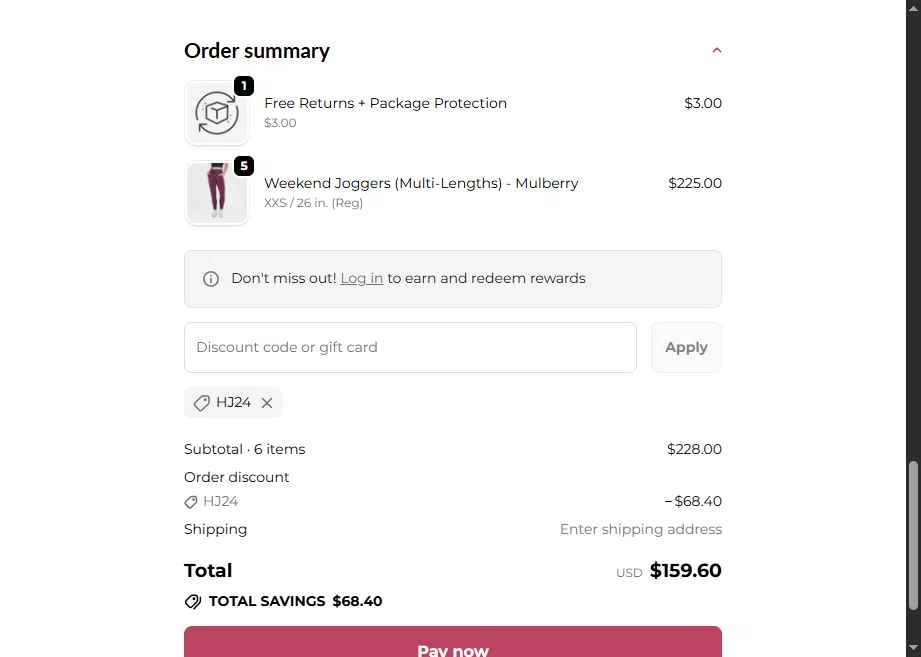 Senita Athletics checkout page showing Senita Athletics promo code box | Screenshot taken by SimplyCodes community member on Feb 15, 2026