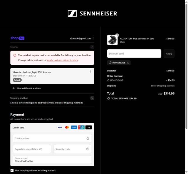 Sennheiser checkout page showing Sennheiser promo code box | Screenshot taken by SimplyCodes community member on Aug 9, 2025