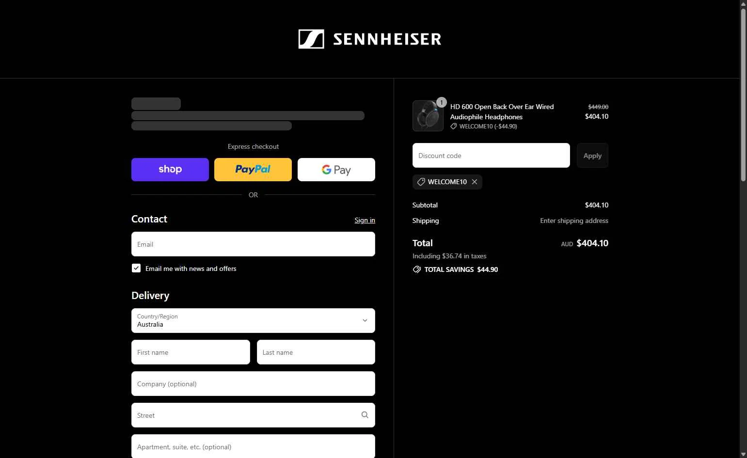 Sennheiser checkout page showing Sennheiser promo code box | Screenshot taken by SimplyCodes community member on Sep 11, 2025