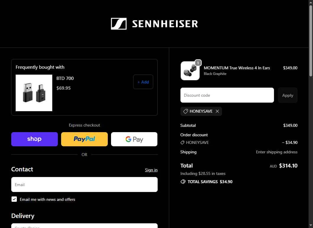 Sennheiser checkout page showing Sennheiser promo code box | Screenshot taken by SimplyCodes community member on Sep 27, 2025