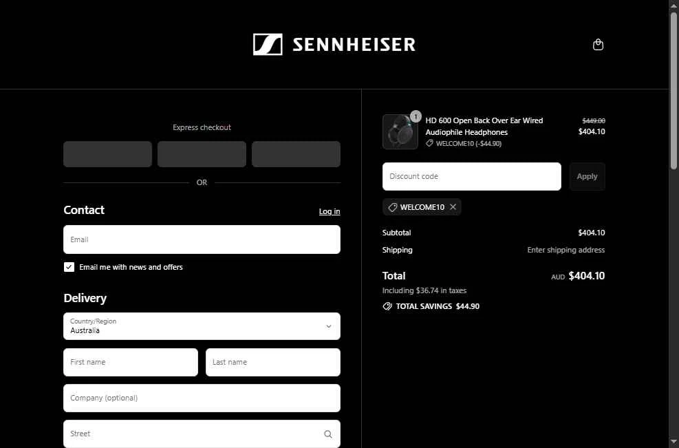 Sennheiser checkout page showing Sennheiser promo code box | Screenshot taken by SimplyCodes community member on Aug 14, 2025
