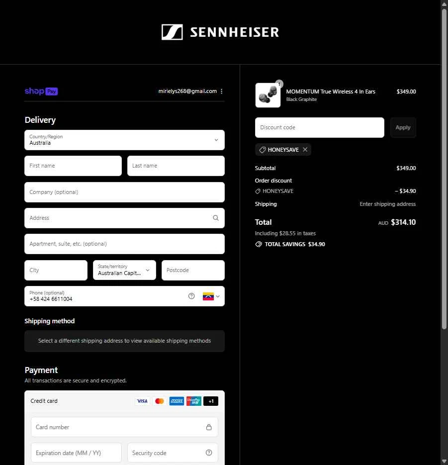 Sennheiser checkout page showing Sennheiser promo code box | Screenshot taken by SimplyCodes community member on Aug 26, 2025