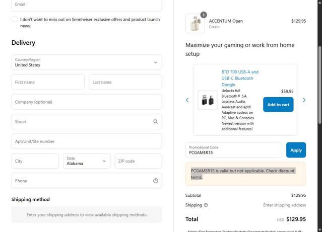Sennheiser checkout page showing Sennheiser promo code box | Screenshot taken by SimplyCodes community member on Jul 27, 2025