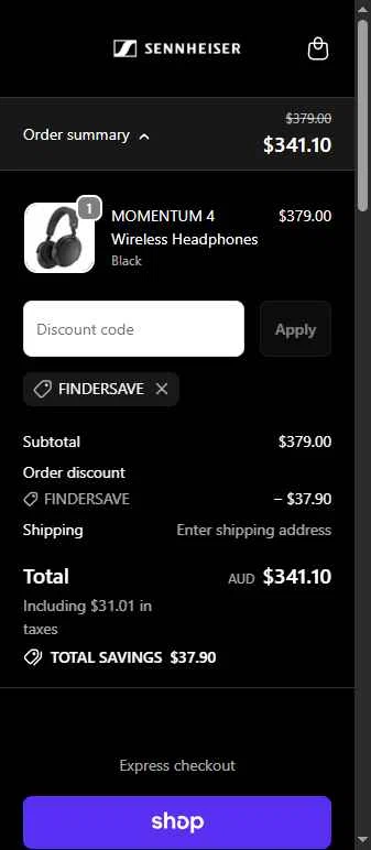 Sennheiser AU checkout page showing Sennheiser AU promo code box | Screenshot taken by SimplyCodes community member on Jan 29, 2026