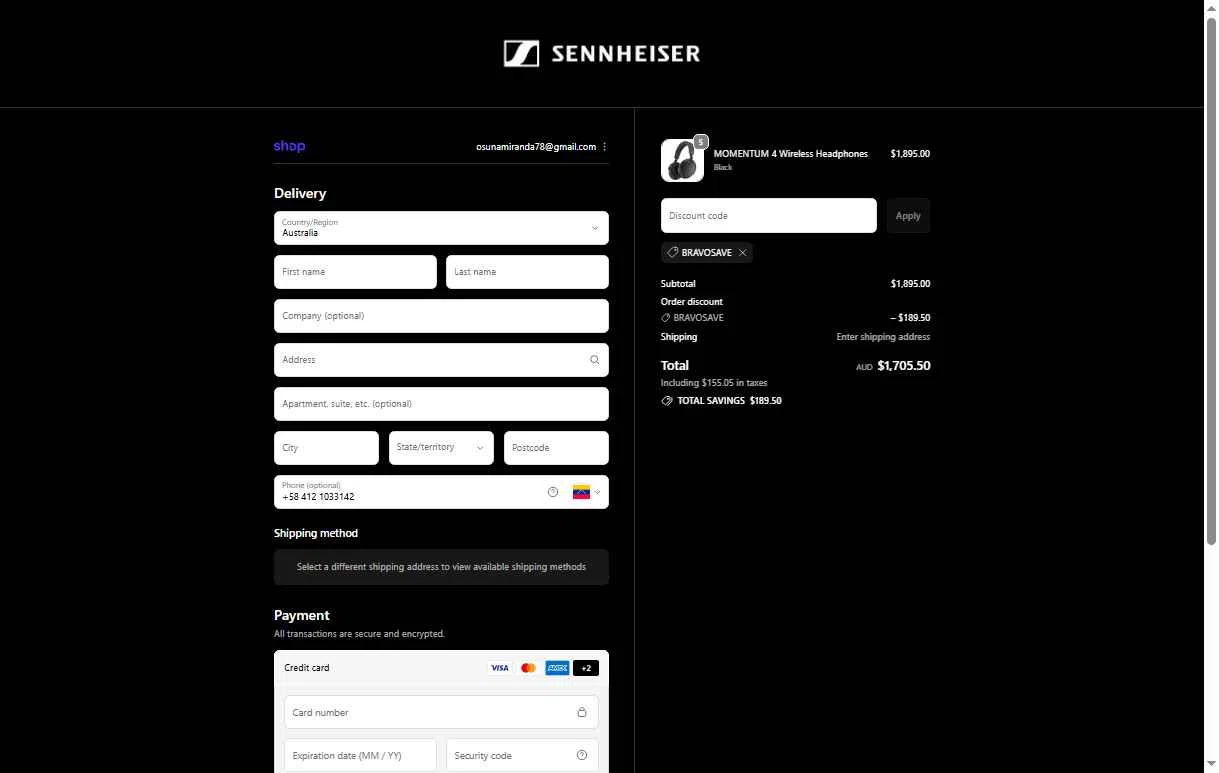 Sennheiser AU checkout page showing Sennheiser AU promo code box | Screenshot taken by SimplyCodes community member on Oct 3, 2025