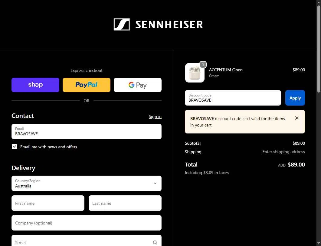 Sennheiser AU checkout page showing Sennheiser AU promo code box | Screenshot taken by SimplyCodes community member on Nov 29, 2025