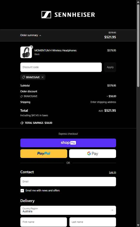 Sennheiser AU checkout page showing Sennheiser AU promo code box | Screenshot taken by SimplyCodes community member on Apr 27, 2025