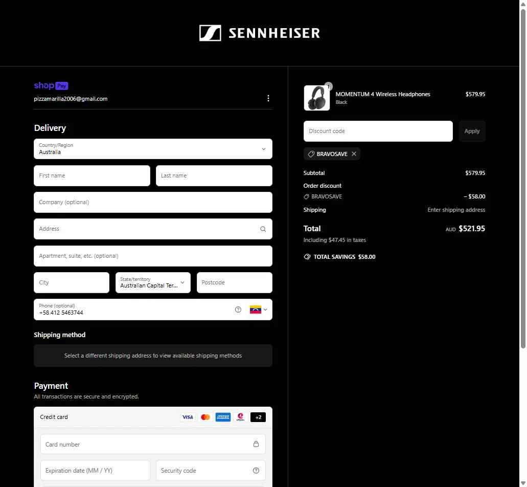 Sennheiser AU checkout page showing Sennheiser AU promo code box | Screenshot taken by SimplyCodes community member on May 23, 2025