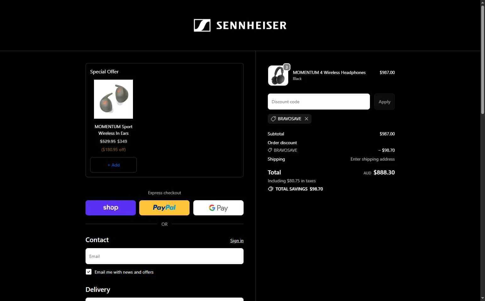Sennheiser AU checkout page showing Sennheiser AU promo code box | Screenshot taken by SimplyCodes community member on Dec 28, 2025