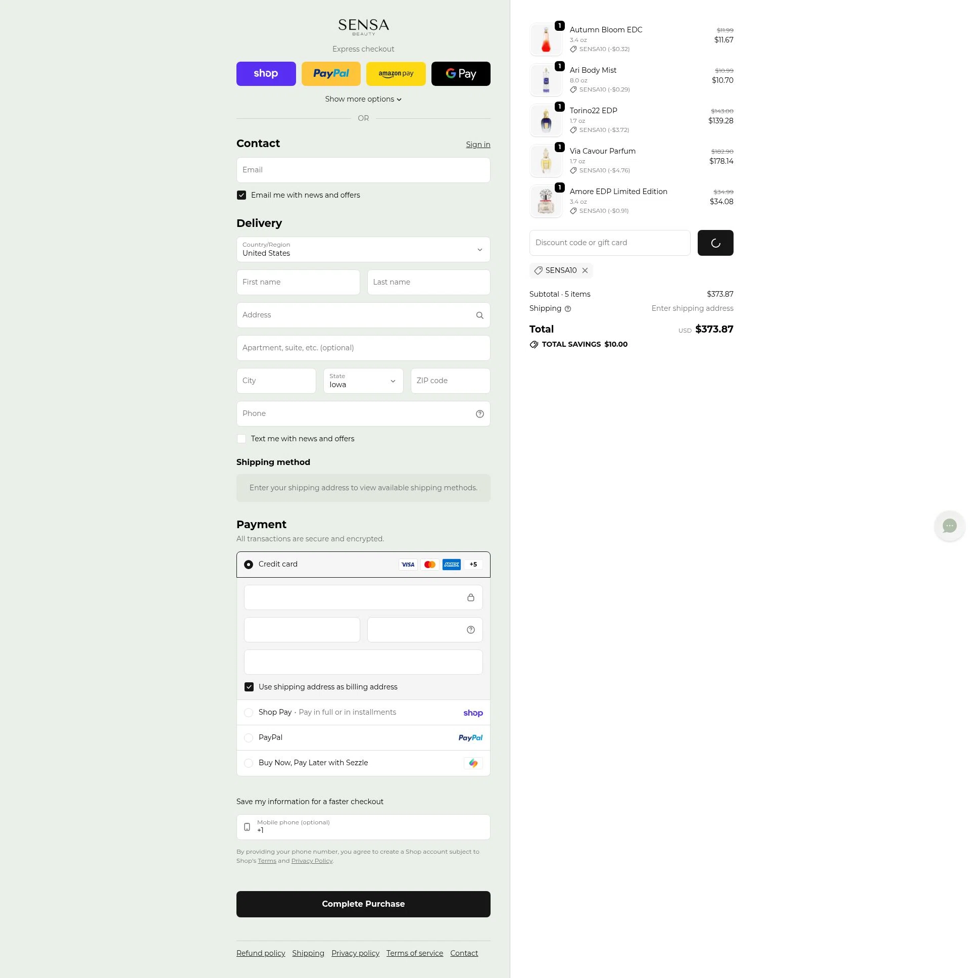 Sensa Beauty checkout page showing Sensa Beauty discount code box | Screenshot taken by SimplyCodes community member on Feb 23, 2026