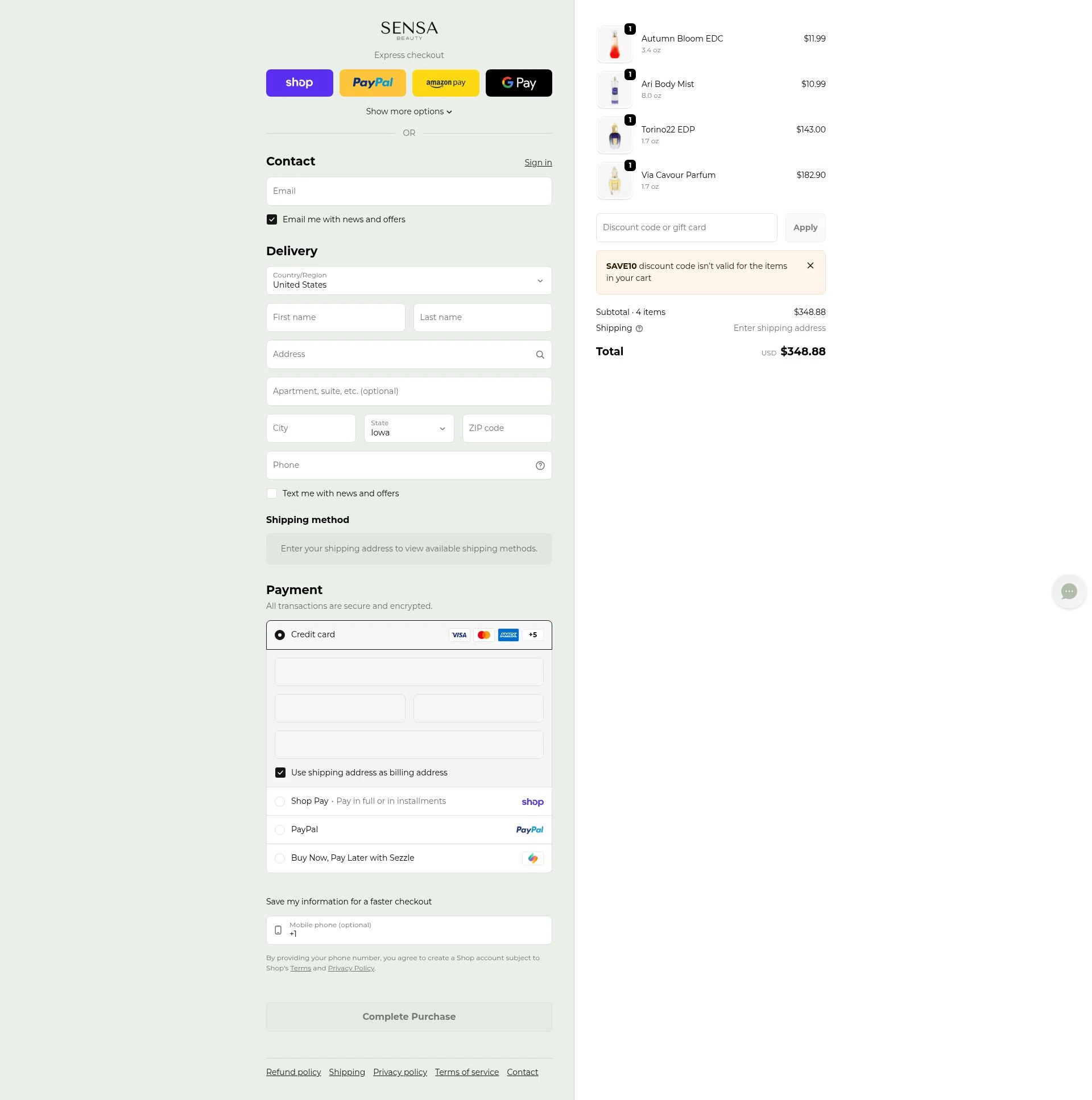 Sensa Beauty checkout page showing Sensa Beauty discount code box | Screenshot taken by SimplyCodes community member on Feb 27, 2026