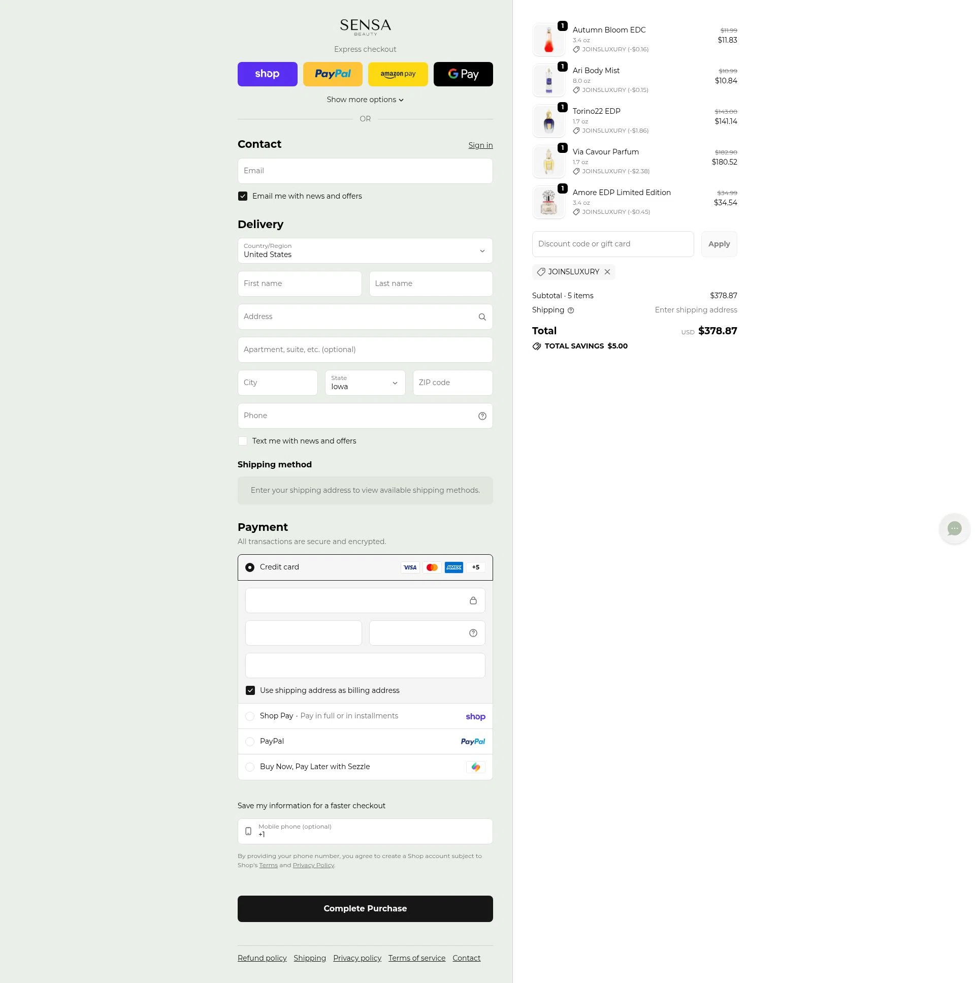 Sensa Beauty checkout page showing Sensa Beauty discount code box | Screenshot taken by SimplyCodes community member on Feb 23, 2026