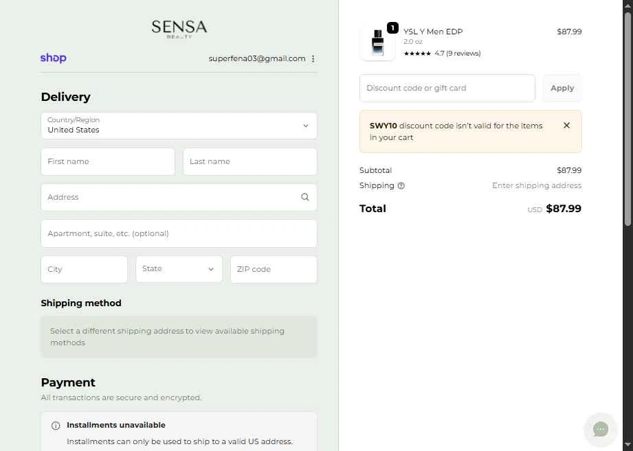 Sensa Beauty checkout page showing Sensa Beauty discount code box | Screenshot taken by SimplyCodes community member on Feb 26, 2026