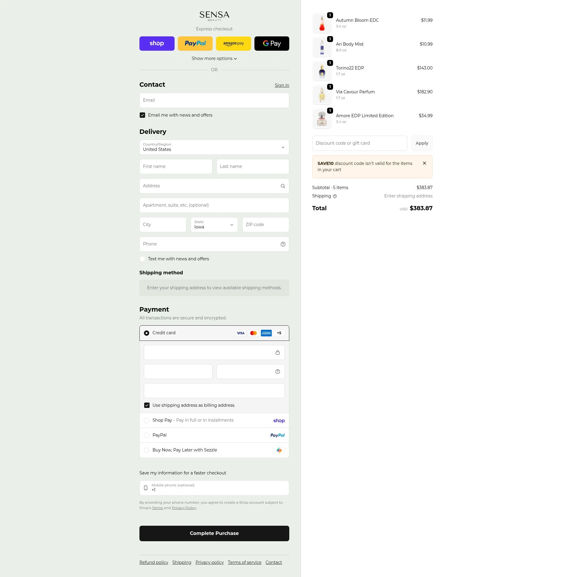 Sensa Beauty checkout page showing Sensa Beauty discount code box | Screenshot taken by SimplyCodes community member on Feb 23, 2026