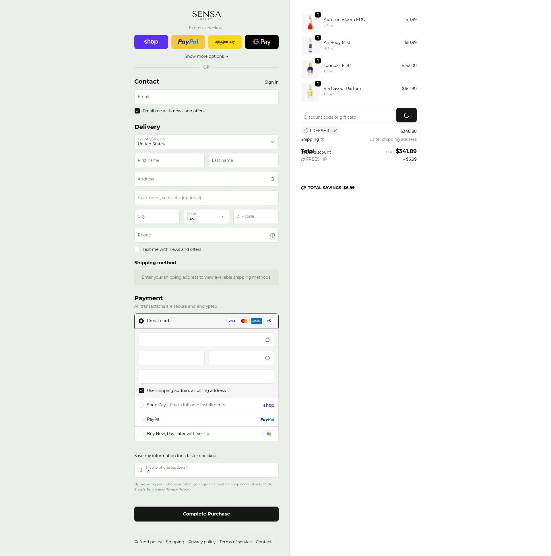 Sensa Beauty checkout page showing Sensa Beauty discount code box | Screenshot taken by SimplyCodes community member on Feb 27, 2026