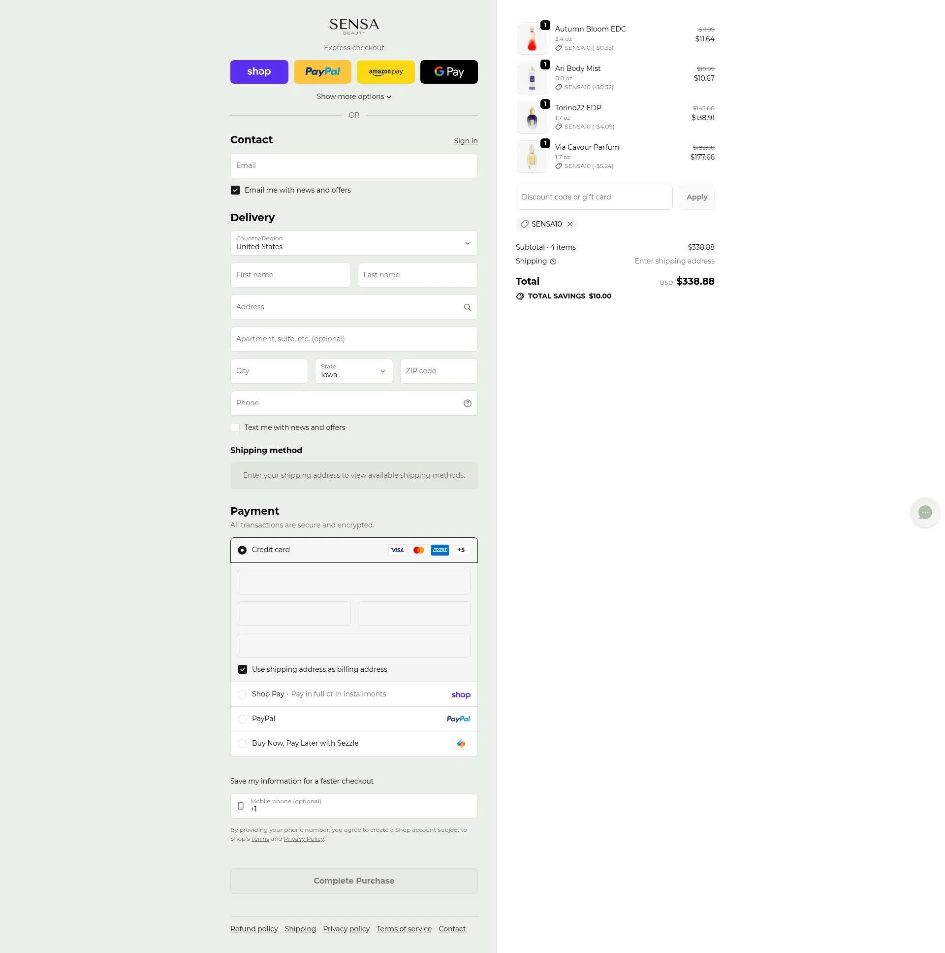 Sensa Beauty checkout page showing Sensa Beauty discount code box | Screenshot taken by SimplyCodes community member on Feb 27, 2026
