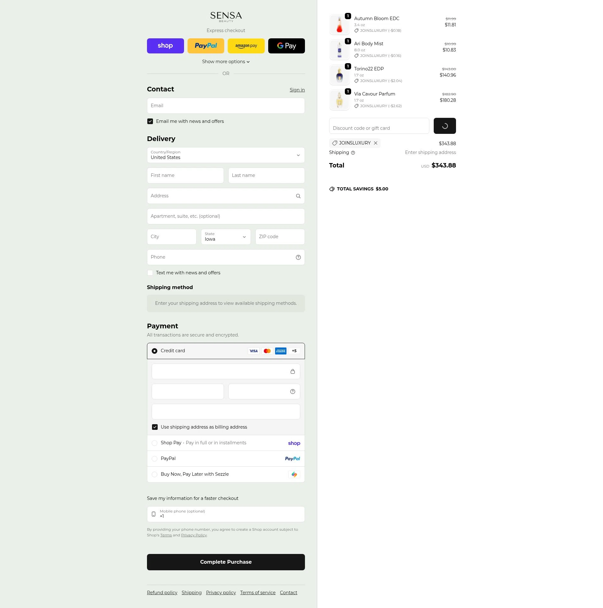 Sensa Beauty checkout page showing Sensa Beauty discount code box | Screenshot taken by SimplyCodes community member on Feb 27, 2026
