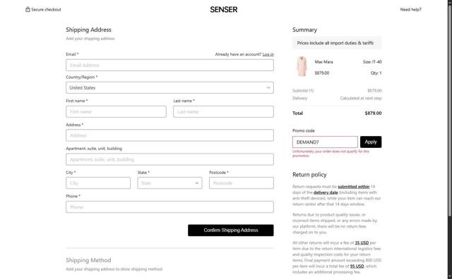 SENSER checkout page showing SENSER promo code box | Screenshot taken by SimplyCodes community member on Aug 29, 2025