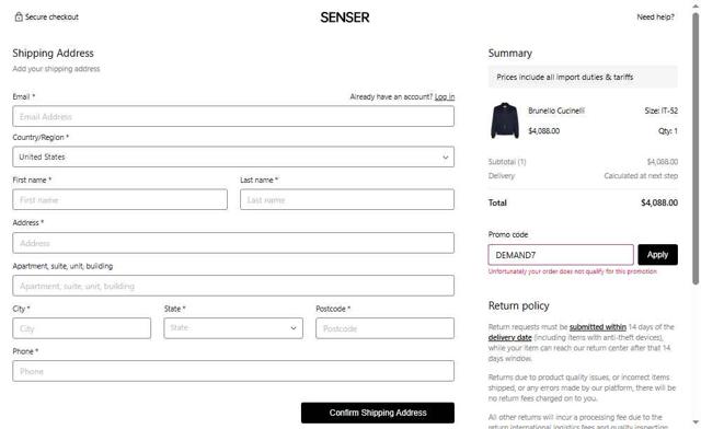SENSER checkout page showing SENSER promo code box | Screenshot taken by SimplyCodes community member on Aug 29, 2025