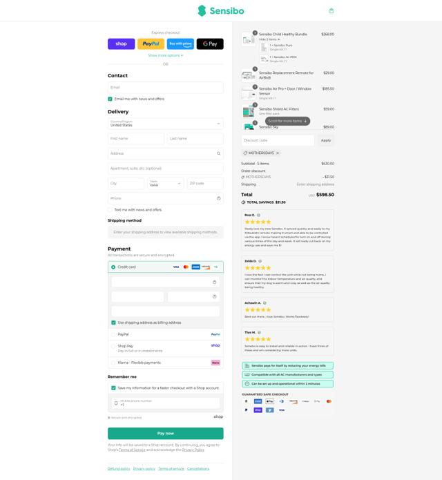 Sensibo checkout page showing Sensibo promo code box | Screenshot taken by SimplyCodes community member on Sep 8, 2025