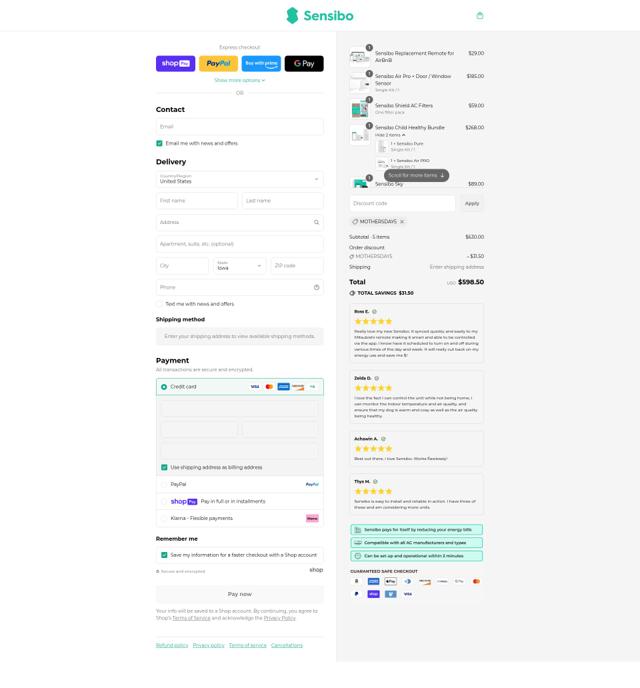 Sensibo checkout page showing Sensibo promo code box | Screenshot taken by SimplyCodes community member on Aug 12, 2025