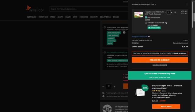Sensilab checkout page showing Sensilab discount code box | Screenshot taken by SimplyCodes community member on Jul 9, 2025