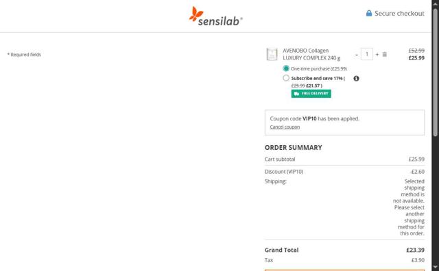Sensilab checkout page showing Sensilab discount code box | Screenshot taken by SimplyCodes community member on Aug 15, 2025