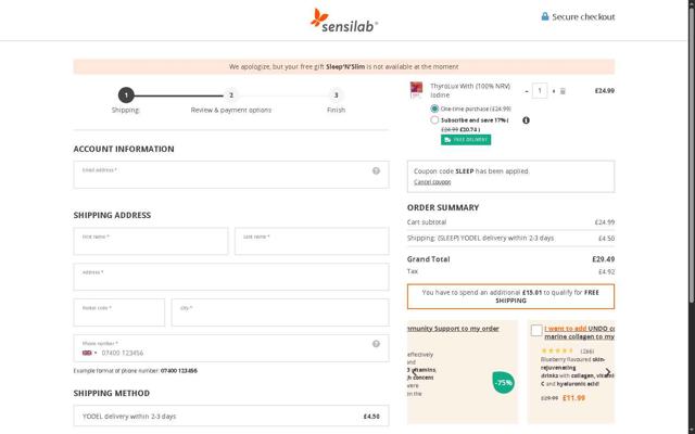 Sensilab checkout page showing Sensilab discount code box | Screenshot taken by SimplyCodes community member on Sep 4, 2025