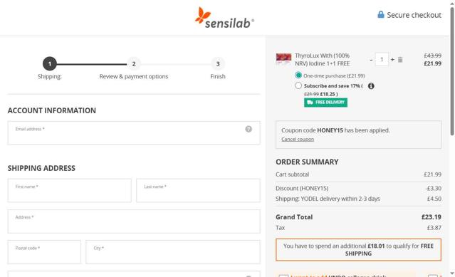 Sensilab checkout page showing Sensilab discount code box | Screenshot taken by SimplyCodes community member on Aug 10, 2025