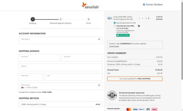Sensilab checkout page showing Sensilab discount code box | Screenshot taken by SimplyCodes community member on Aug 15, 2025