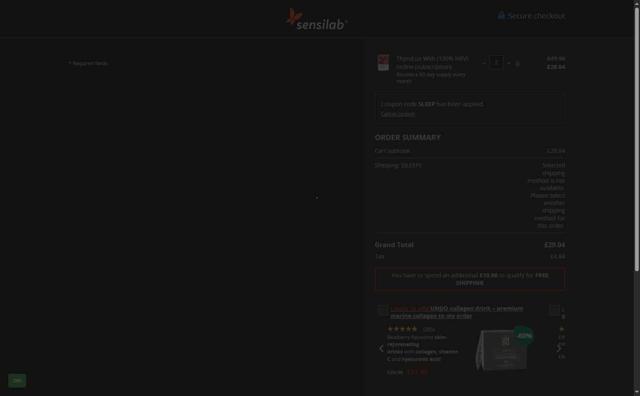 Sensilab checkout page showing Sensilab discount code box | Screenshot taken by SimplyCodes community member on Aug 6, 2025