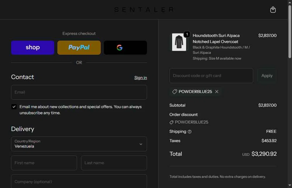 Sentaler checkout page showing Sentaler promo code box | Screenshot taken by SimplyCodes community member on Sep 26, 2025
